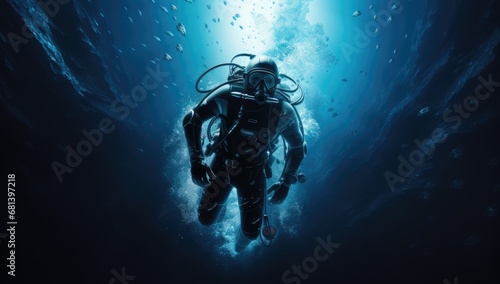 Diver diving with fish He is wearing a diving suit with an oxygen tank © jambulart
