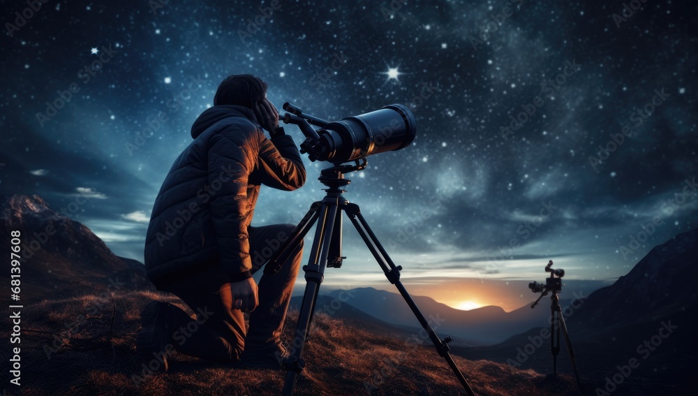 Silhouette of photographer with camera on tripod and starry sky