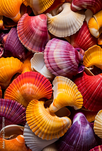 A lot of colorful Seashell collection, closeup, macro, texture, summer time 