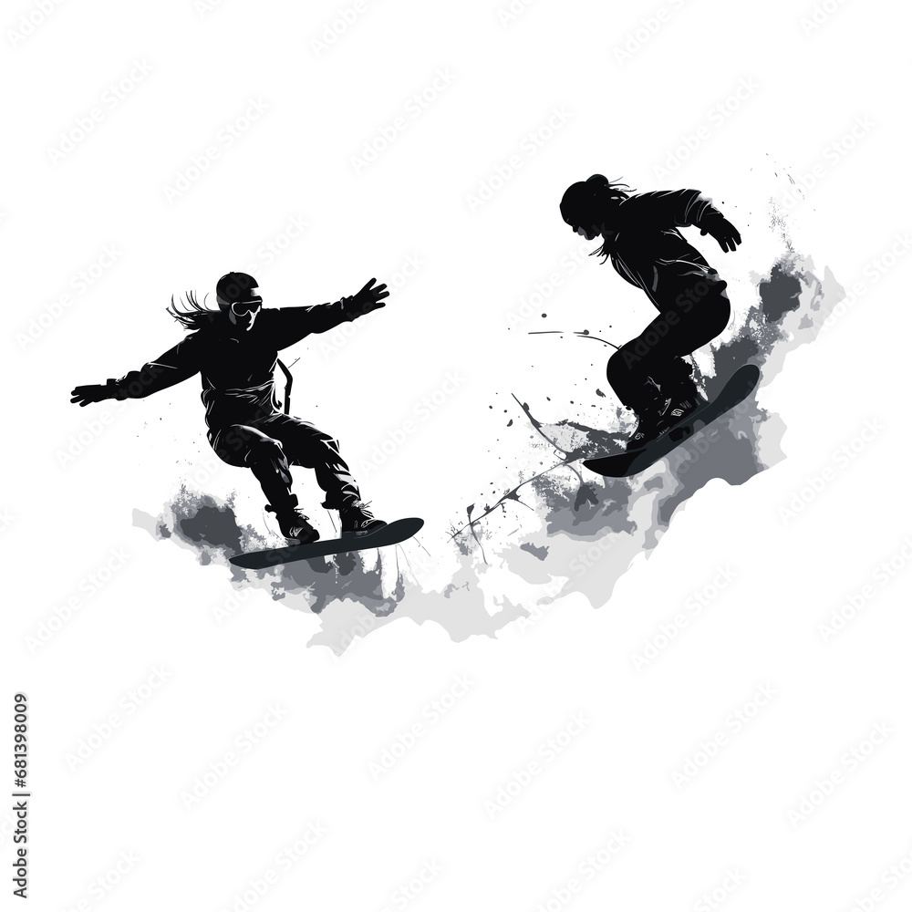 Fototapeta premium Silhouette of two guys performing snowboarding tricks on the snow