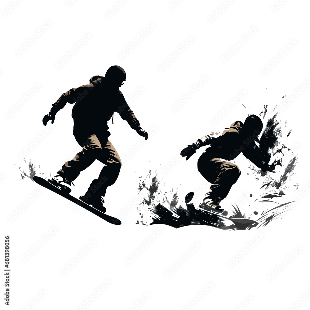 Silhouette of two guys performing snowboarding tricks on the snow Silhouette of two guys performing snowboarding tricks on the snow