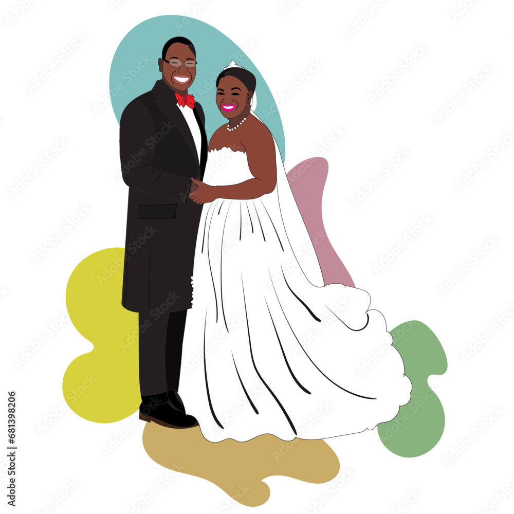 Afro-American couple illustration, African American couple getting married Illustration, Illustration of lovely black couple wedding