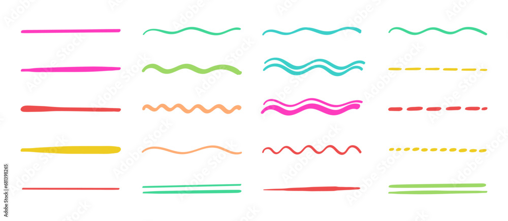 Collection of strikethrough multi colored underlines. different doodle colorful dotted and wavy lines. Horizontal hand drawn marker stripes, brush strokes. - obrazy, fototapety, plakaty 