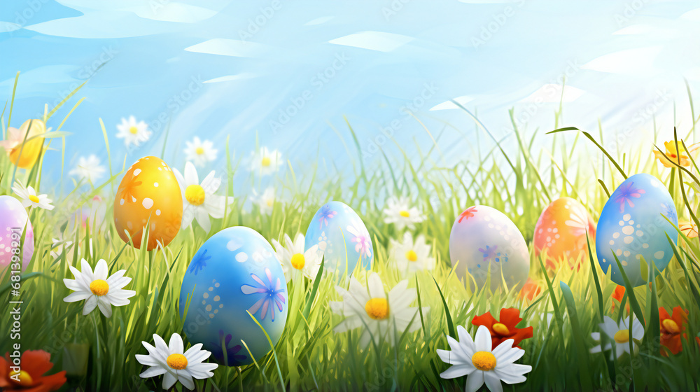 Art Easter eggs decorated with flowers in the grass on blue sky Art Easter eggs decorated with flowers in the grass on blue sky