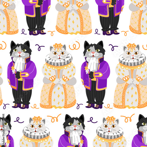 Pattern of a cat and a kitty in retro costumes for the ball. The outfits of the Queen and the messenger of the 19th century. Ballroom outfits. Animals in ball gowns on a white background are repeated