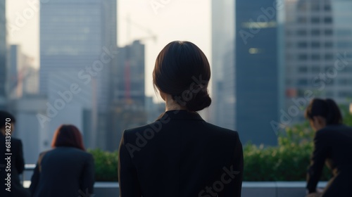 back of businesswoman in the city