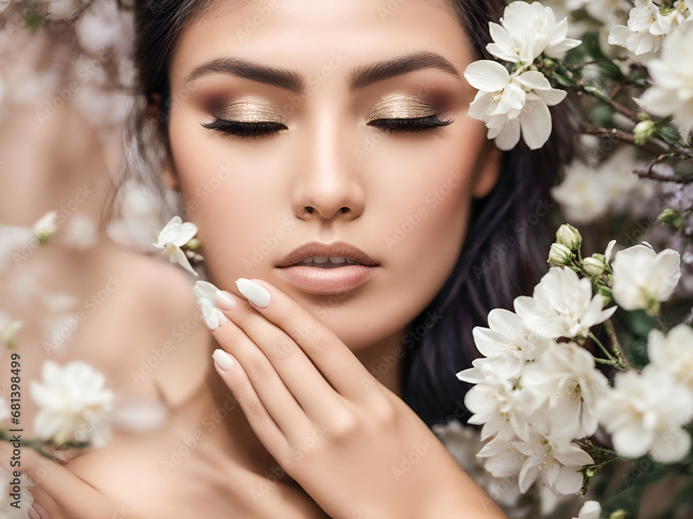 A serene close-up of a woman with flawless skin and subtle makeup A serene close-up of a woman with flawless skin and subtle makeup