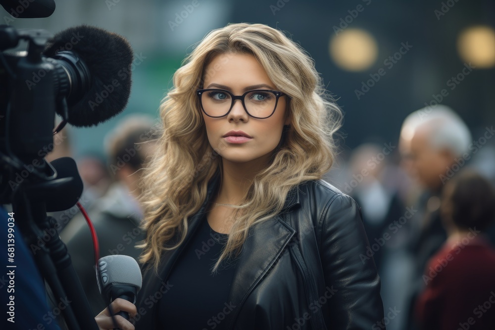 Portrait of a beautiful young woman and a professional video camera on the street Portrait of a beautiful young woman and a professional video camera on the street