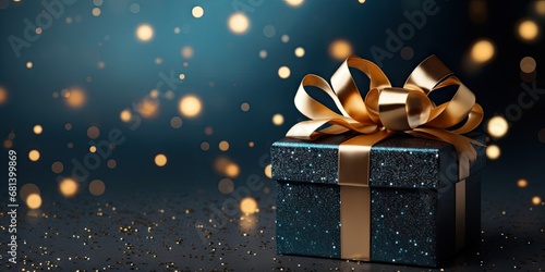 Golden elegance. Festive christmas blue gift box with shiny ribbon in bokeh lights. Celebrating season. Glittering xmas present in magical black background
