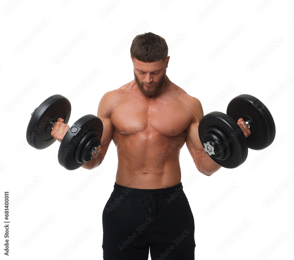 Young bodybuilder exercising with dumbbells on white background Young bodybuilder exercising with dumbbells on white background
