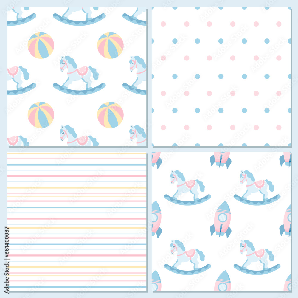 Collection of baby seamless patterns from rocking horse, toys, stripes and dots. Pastel background for kids. Vector