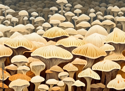 A lot Macro Wood mushrooms. Yellow mushrooms on a tree. Red mushroom habits and hats are close up. Mushrooms with a violet hue fungal growth. tree is filled with mushrooms. purple mushroom background