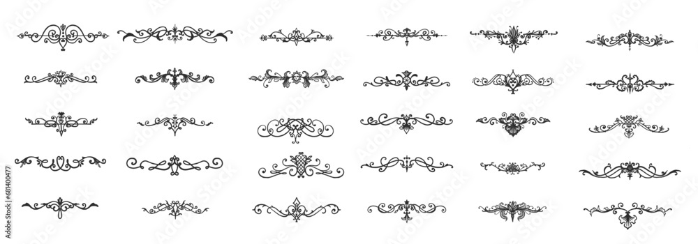 Set of hand drawn text dividers. Vector calligraphic lines, vintage borders and wedding laurels. Vector isolated flourish ink elements. Text dividers
