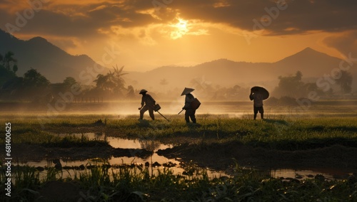 Farmers farming on rice terraces.