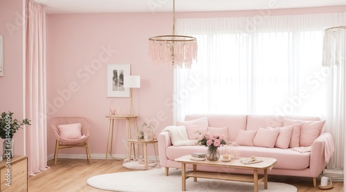 Romantic and elegant light pink living room 02, Home interior design of modern living room, Generative AI, Generative, AI © Hala