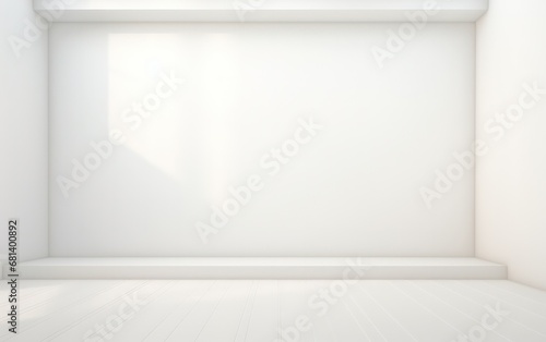 An abstract blank white studio background suitable for product presentations. This empty room is characterized by window shadows, creating an opportunity to display products against a blurred backdrop