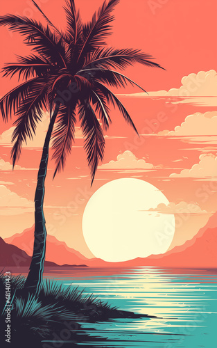 Classic retro style tropical sunset with palm  beach sunset