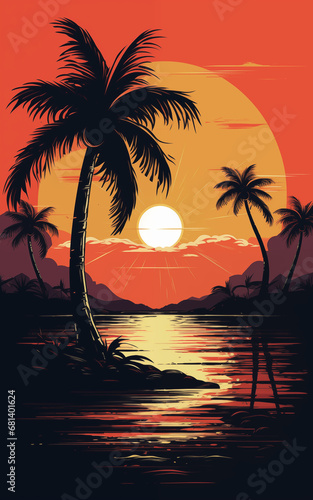 Classic retro style tropical sunset with palm  beach sunset