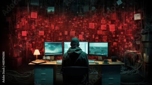 hacker at a computer in a dark room
