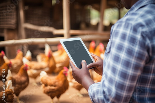 Farmer with tablet in chicken coop. The concept is smart agriculture. photo