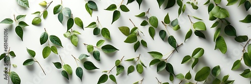 In a wide-format composition, an abstract background is crafted with vibrant green leaves against a clean white backdrop, presenting a visually refreshing image. Photorealistic illustration