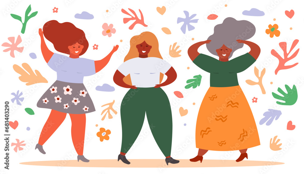 Abstract girls plus size are funny and happy, dancing, loving themselves. Beautiful women on a background of flowers, leaves, hearts. Vector flat graphics. Abstract girls plus size are funny and happy, dancing, loving themselves. Beautiful women on a background of flowers, leaves, hearts. Vector flat graphics.