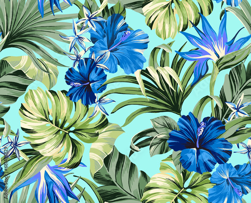 seamless pattern Exotic   wallpaper of tropical flowers  green leaves of palm trees and flowers bird of paradise  hibiscus  artwork for fabrics  souvenirs  packaging  greeting cards 