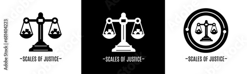 Scales of justice logo set. Collection of black and white logos for business and stock.