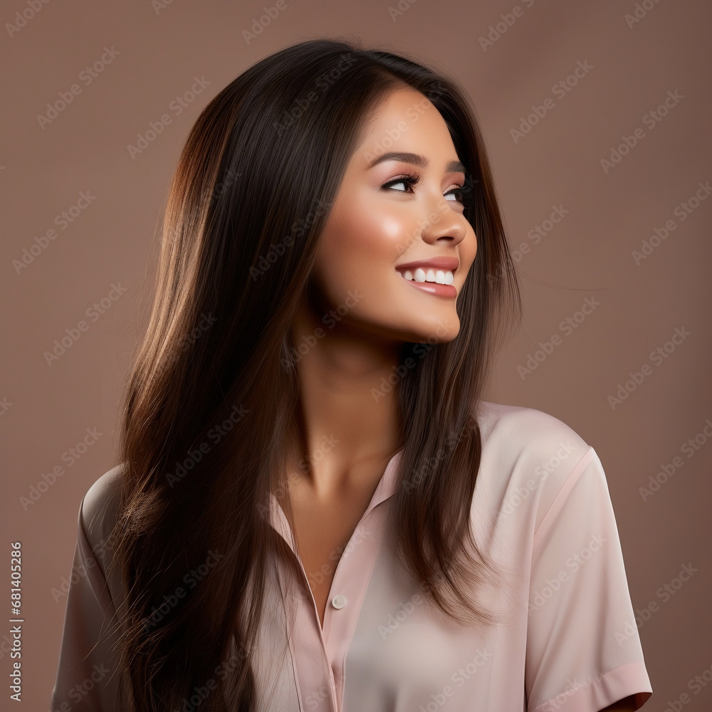 profile portrait of a happy young brunette of model appearance with long straight hair on a light background, in a soft pink shirt profile portrait of a happy young brunette of model appearance with long straight hair on a light background, in a soft pink shirt