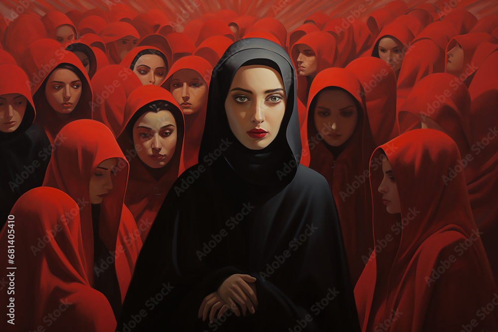 group of women wearing red robes and 1 women wearing black robes representing different opinion group of women wearing red robes and 1 women wearing black robes representing different opinion