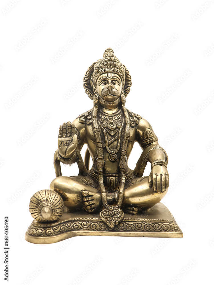 golden brass lord hanuman statue, a monkey god from ramayana of hindu mythology sitting and blessing made of isolated golden brass lord hanuman statue, a monkey god from ramayana of hindu mythology sitting and blessing made of isolated