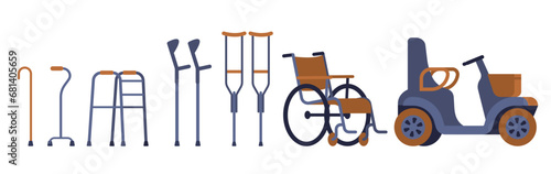 Accessories to help people with immobility or injuries. Tools for elderly and disabled patients recovery. Wheelchair or auto cart. Orthopedic rehabilitation. Vector medical equipment set photo