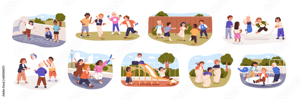 Fototapeta premium Happy children playing outside. Kids friends, girls and boys during active games, fun, activities, entertainments outdoors at childs playground. Flat vector illustrations isolated on white background