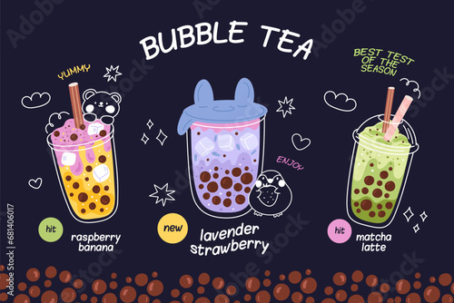 Bubble tea poster. Different tastes milkshake drinks in plastic cups. Summer fruit beverages with tapioca pearls. Refreshing smoothie. Matcha latte. Cocktails menu. Garish vector concept