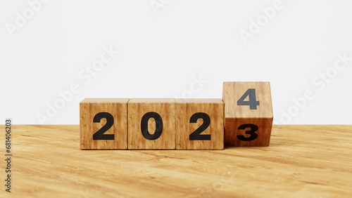 Starting New year. New year , new life, business, plan, goals, target and strategy concept. Wooden cube flips 2023 to 2024. 3d illustration