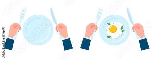 Empty porcelain plate. Bowl full of scrambled eggs. Knife or fork in hand. Omelet at breakfast. Lunch eating. Dishware and cutlery at dining table. Top view. Human arms. Vector concept