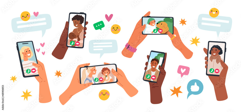 Hands hold phones with video chats. People communicate through messenger apps. Smartphone screens. Devices in arms. Call to family and friends. Distance conversation. Garish vector set
