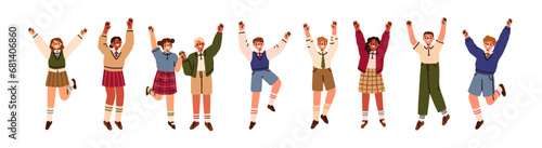 Happy school kids, excited students celebrating success with arms, hands up. Boys and girls children, students jumping with joyful emotions. Flat vector illustrations isolated on white background