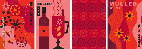 Mulled wine posters collection. Decorative abstract flat vector illustration, wine and spices. Red wine. Perfect background for menu, cover design. Spicy and healthy warm winter drink. Festive drink.