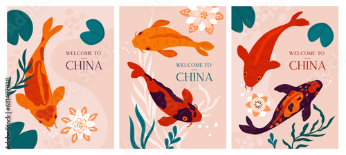 Koi fish cards. Welcome to China banners. Color Japanese golden carps. Goldfish and flowers. Decorative pond elements. Lake aqua top view. Chinese flora. Water lilies. Garish vector set