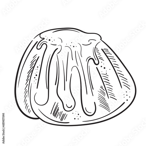 Sketch doodle illustration Rum Baba. Bundt Cake with Sugar Glaze. Sweet Pastries dessert hand drawn Isolated on a White background. For menus, flyers, design.