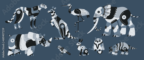 Mechanical animals. Mammal cyborgs. Futuristic fauna creatures. Robot pet. Zoomorphic machines. Smart AI technologies. Hare and elephant. Robotic leopard transformer. Garish vector set