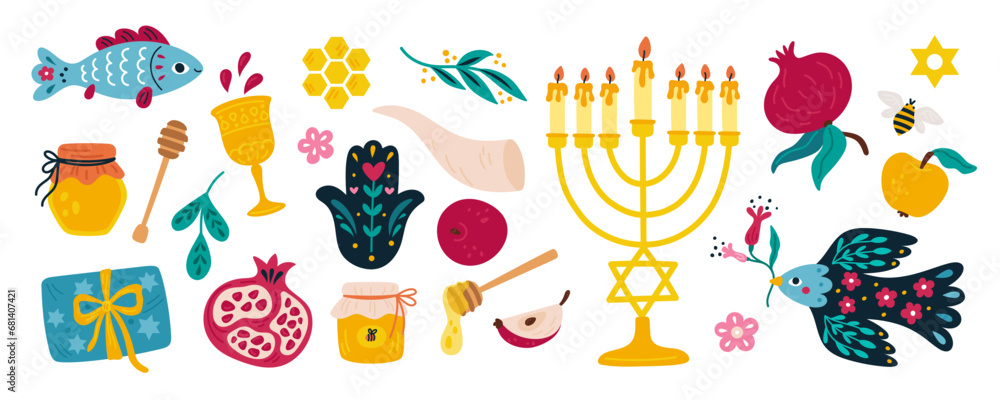 Rosh hashanah and Shana tova elements. Jewish New Year objects. Holiday traditional icons. Honey glass jar. Fish and pomegranate. Candles in candlestick. Present box. Garish vector set