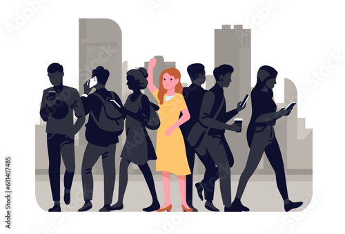 Sad young woman surrounded by silhouettes of people feeling alone in city. Loneliness in crowd. Persons alienation. Psychological problem. Mental disorder. Frustrated female. Vector concept