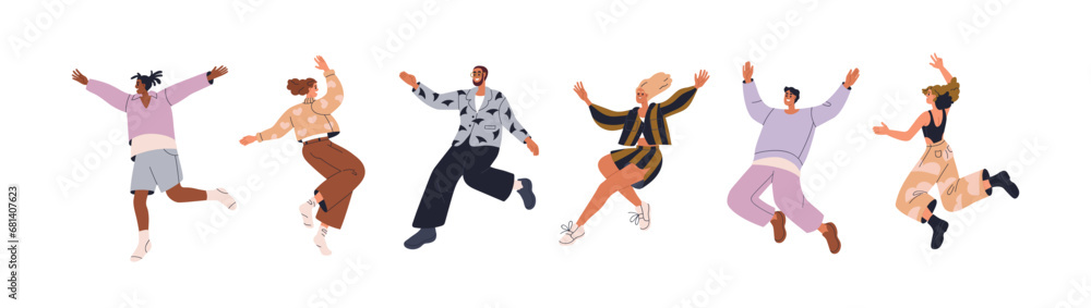 Happy jumping people set. Young energetic men, women celebrating with joy, positive energy. Cheerful excited joyful characters exulting. Flat graphic vector illustration isolated on white background - obrazy, fototapety, plakaty 
