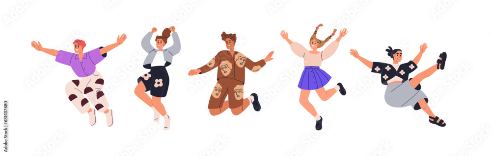 Characters jumping up, set. Happy young people celebrating success, triumph. Active joyful women, men flying with positive energy. Flat graphic vector illustrations isolated on white background
