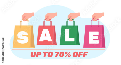 Shopping sales. Store bags. Discount banner. Hands holding packets with word lettering. Special offer. Boutique promotion advertising. Purchase handbags. Shop marketing. Vector concept