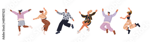 Happy jumping people set. Young energetic men, women celebrating with joy, positive energy. Cheerful excited joyful characters exulting. Flat graphic vector illustration isolated on white background © Good Studio