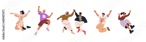 Happy energetic people jumping up. Young characters exulting, celebrating success. Excited joyful men, women rejoicing with fun and joy. Flat graphic vector illustration isolated on white background