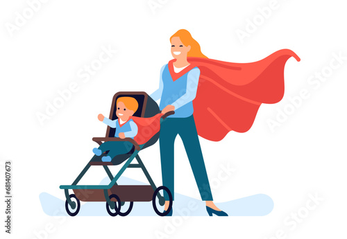 Superhero mom carrying super baby in stroller. Family walking. Heroic mother pushing pram. Kid in carriage. Newborn child and smiling woman with red cloak. Hero parent. Vector concept